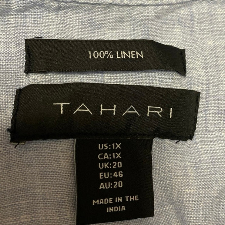 Tahari 100% Linen Women's Blue Chambray Long Sleeve Collar Shirt Blouse Top 1X