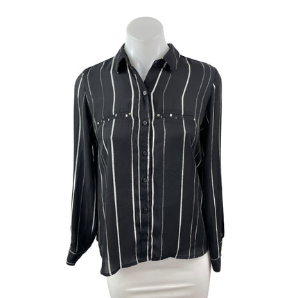 Apt. 9 Women's Black Stripe Collared Long Sleeve Button Down Shirt Top S Petite