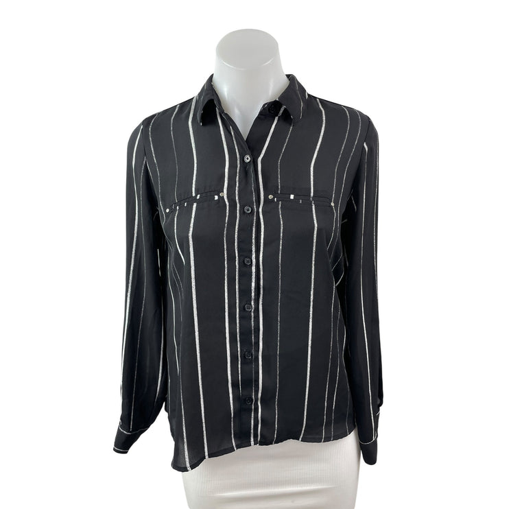 Apt. 9 Women's Black Stripe Collared Long Sleeve Button Down Shirt Top S Petite