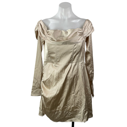 PRETTYLITTLETHING Gold Satin Off The Shoulder Long Sleeves Corset Mini Dress 10