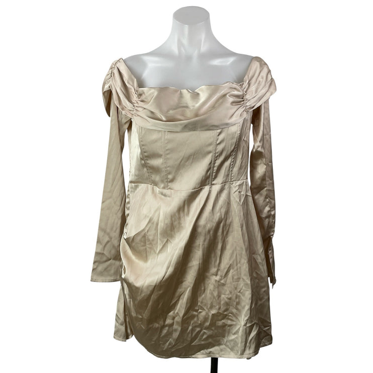 PRETTYLITTLETHING Gold Satin Off The Shoulder Long Sleeves Corset Mini Dress 10
