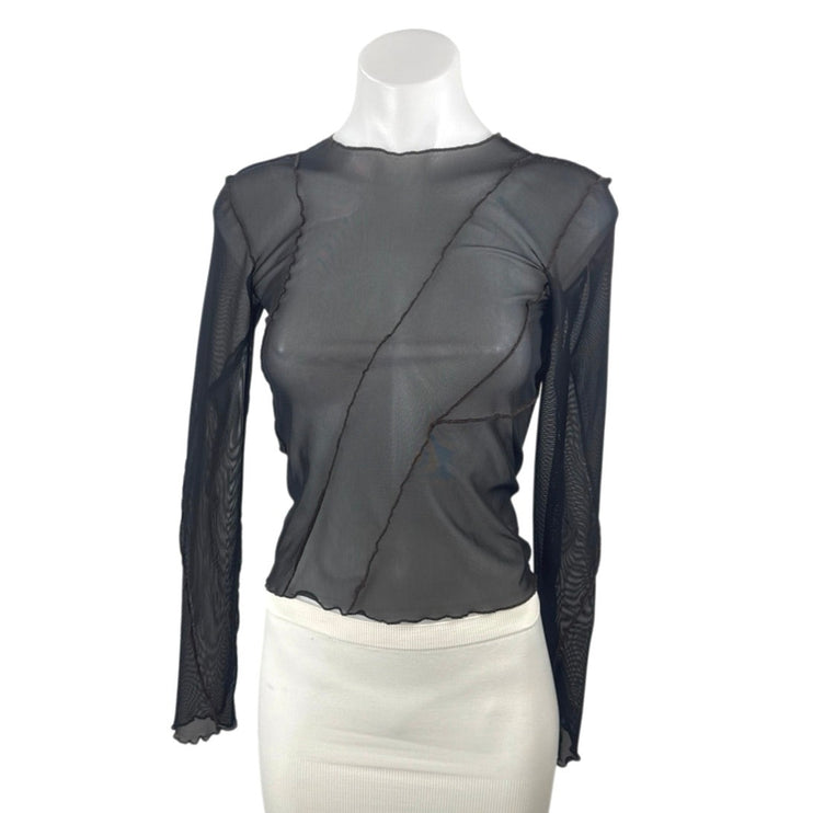 Zara Women Black Sheer Mesh Patchwork Lettuce Long Sleeve Crop Blouse Top Size S