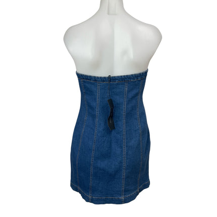 NEW Know One Cares Denim Strapless Bandeau Button Down Mini Bodycon Tube Dress L