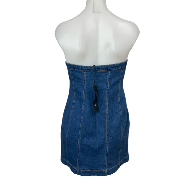 NEW Know One Cares Denim Strapless Bandeau Button Down Mini Bodycon Tube Dress L