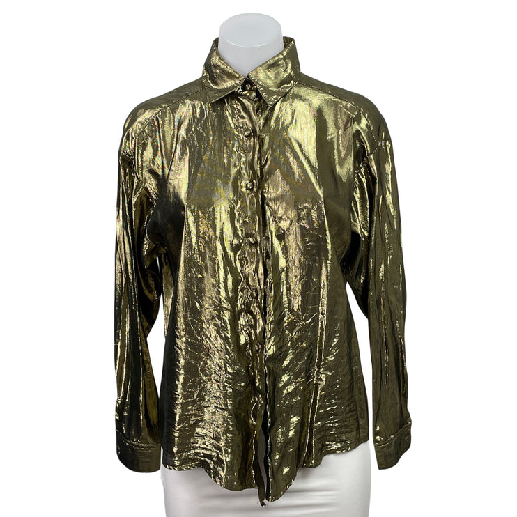Clifford & Wills Women's Gold Metallic Long Sleeve Button Down Shirt Top Size XS