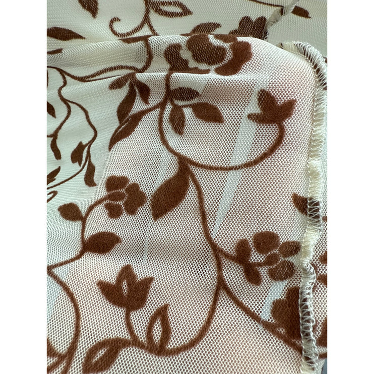 Motel Womens Cream Brown Flock Detail Floral Mesh Long Sleeve Crop Shirt Top XXS