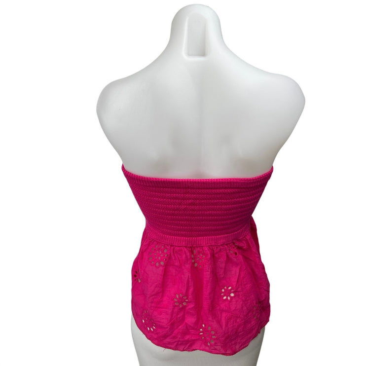 Women's Pink Knit Twist Knot Eyelet Ruffle Strapless Bandeau Tube Tank Top Sz M