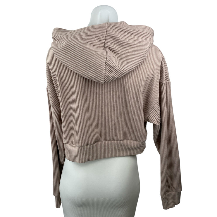 Alo Yoga Women's Beige Ribbed Knit Hoodie Hooded Long Sleeve Crop Sweatshirt S