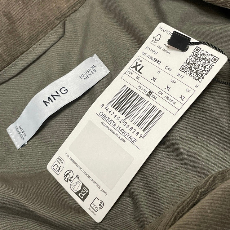 NEW MNG Mango Men's Olive Green Corduroy Pocket Button Down Overshirt Size XL