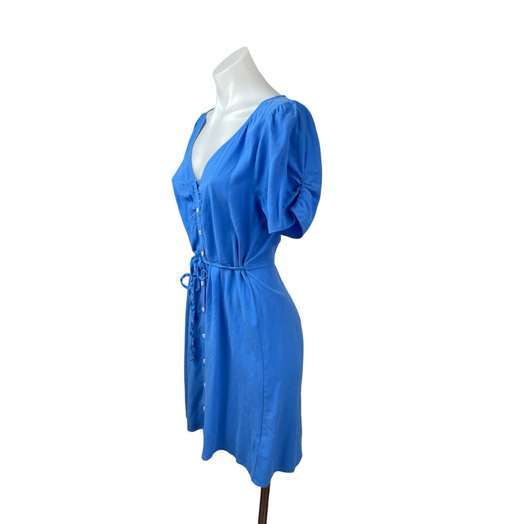 Madewell Blue Short Puff Sleeve Button Down Tie Waist V Neck A Line Mini Dress 4