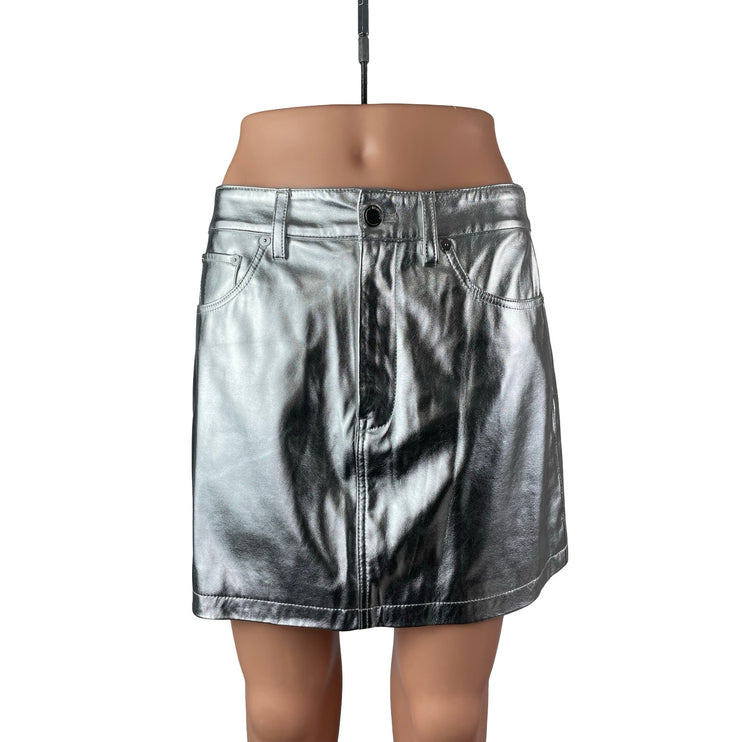 BlankNYC Silver Faux Leather Vegan Metallic Mid Waist Pencil Mini Skirt Size 27