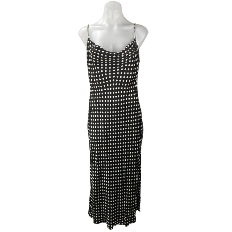 Zara Black Satin Sleeveless Polka Dots Cami Cowl Neck Midi Slip Tank Dress Sz M