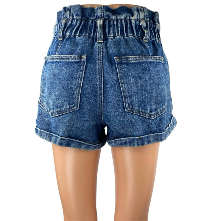 Pacsun Women's Blue High Waisted Elasitc Paperbag Mom Denim Jean Shorts Size 26