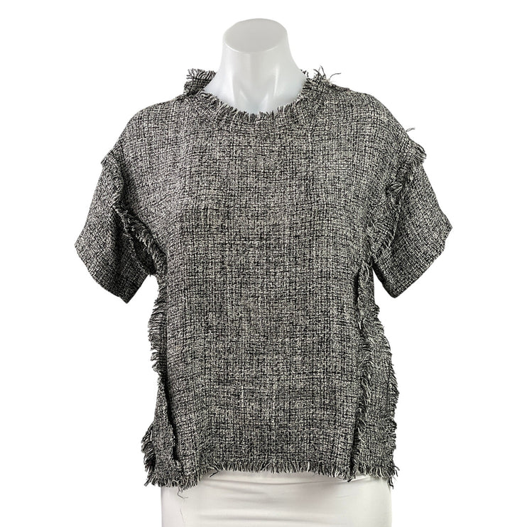 By Lolli J Women's Gray Tweed Fringe Short Sleeve Patchwork Blouse Top Size M