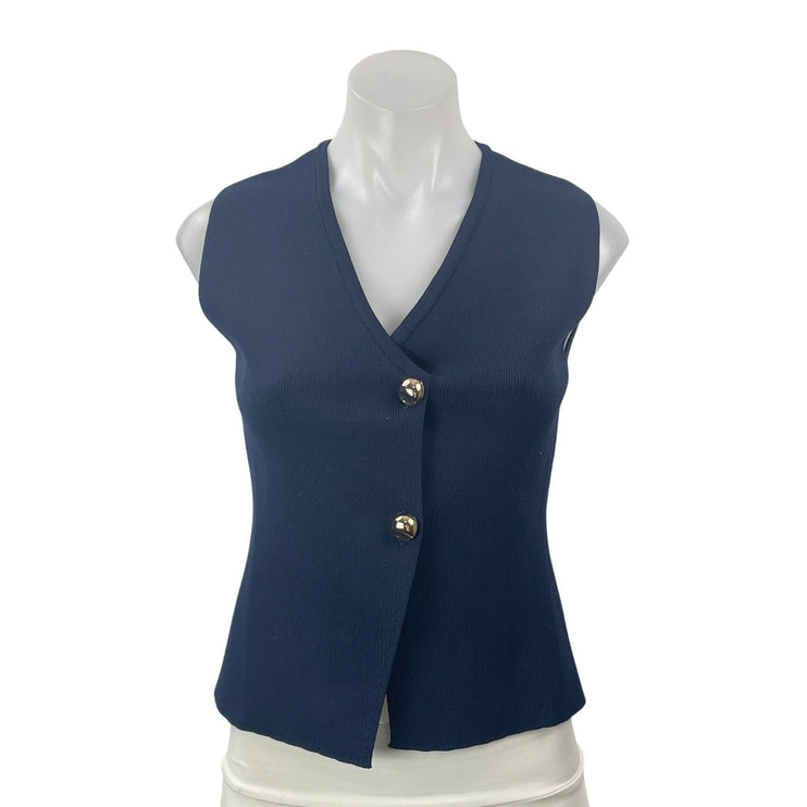 Zara Women's Blue Sleeveless Ribbed Knit V Neck Button Down Vest Blouse Top S