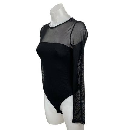 Blue Blush Women's Black Mesh Sheer Long Sleeve Crew Neck Bodysuit Top Size S