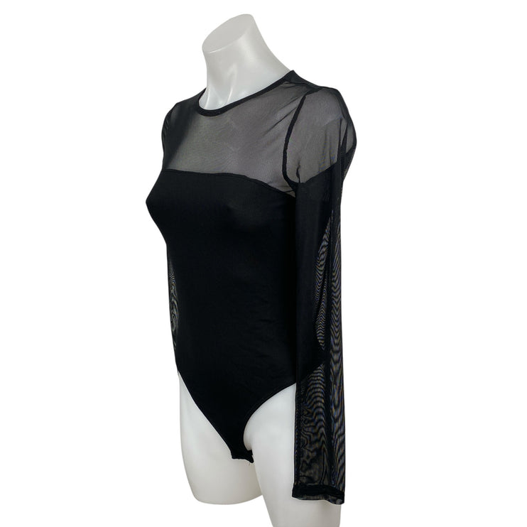 Blue Blush Women's Black Mesh Sheer Long Sleeve Crew Neck Bodysuit Top Size S