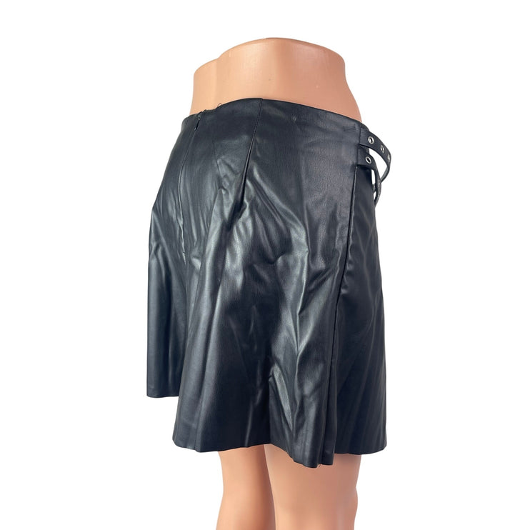 Zara Black Faux Vegan Leather Low Rise Double Belt Mini Flare A-Line Skirt Sz L