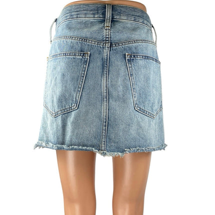 Madewell Women Blue Medium Wash Raw Hem Frayed Pencil Denim Jean Skirt Size 26