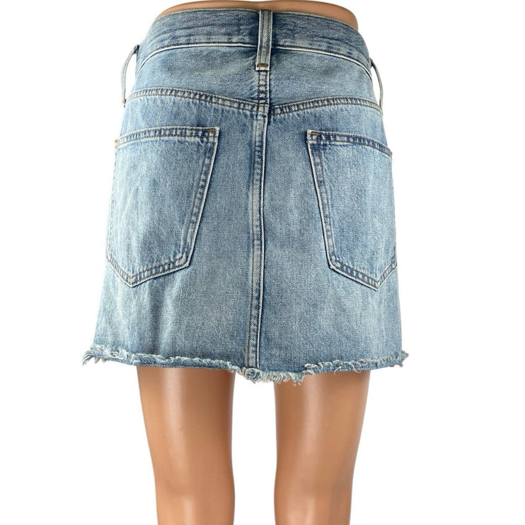 Madewell Women Blue Medium Wash Raw Hem Frayed Pencil Denim Jean Skirt Size 26