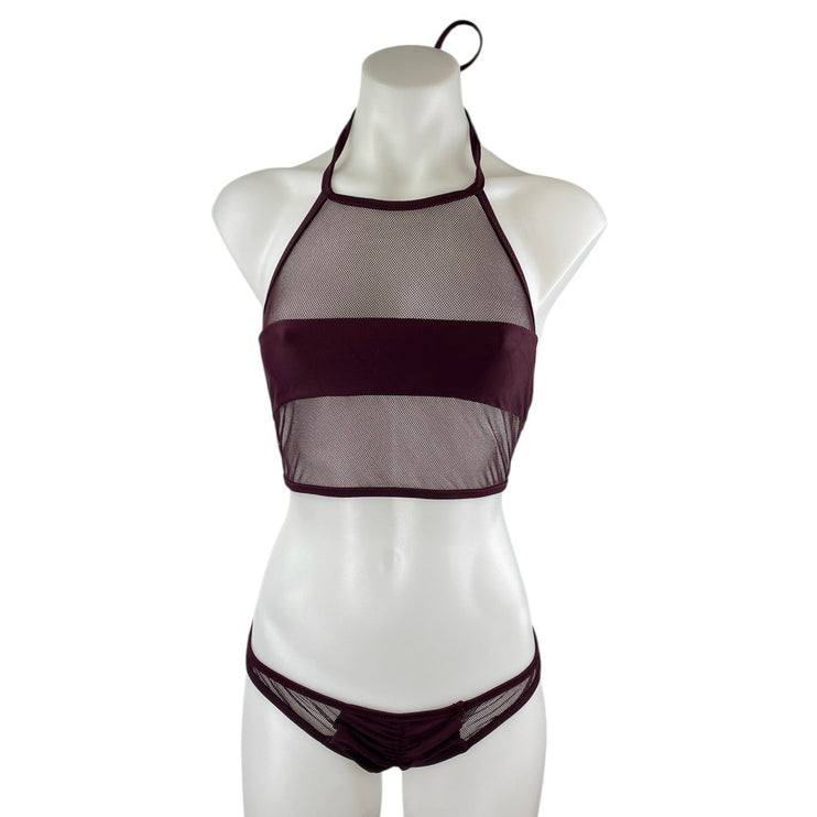 Veronica Pagan Red Burgundy Mesh Halter Bandeau Two Piece Bikini Set Swimwear L