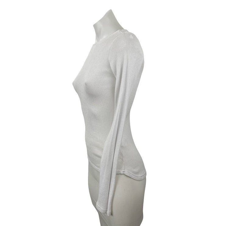 Bayse Women's White Ribbed Knit Crew Neck Long Sleeve T Shirt Tee Top Size XS