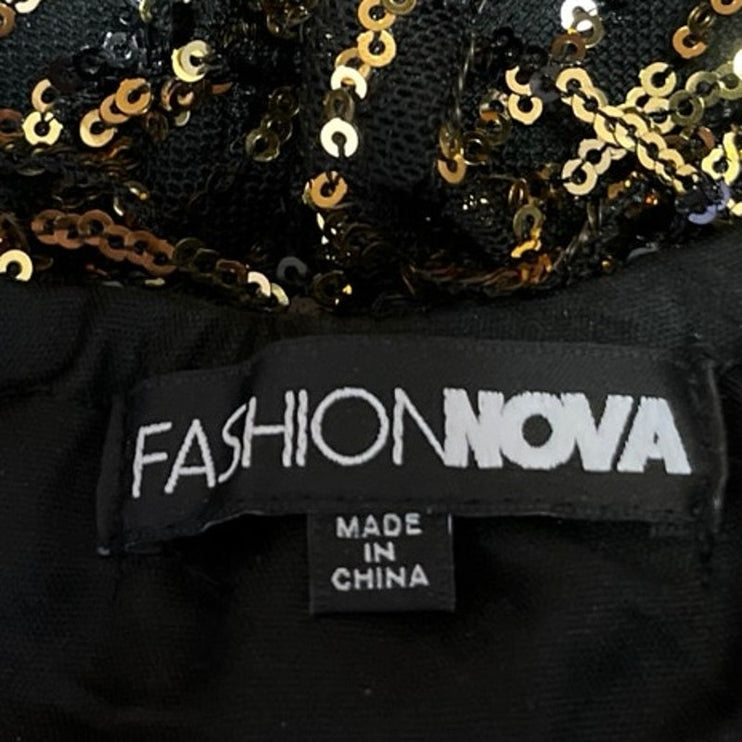 Fashion Nova Black Gold Sequin One Shoulder Long Sleeve Mini Shift Dress Size M