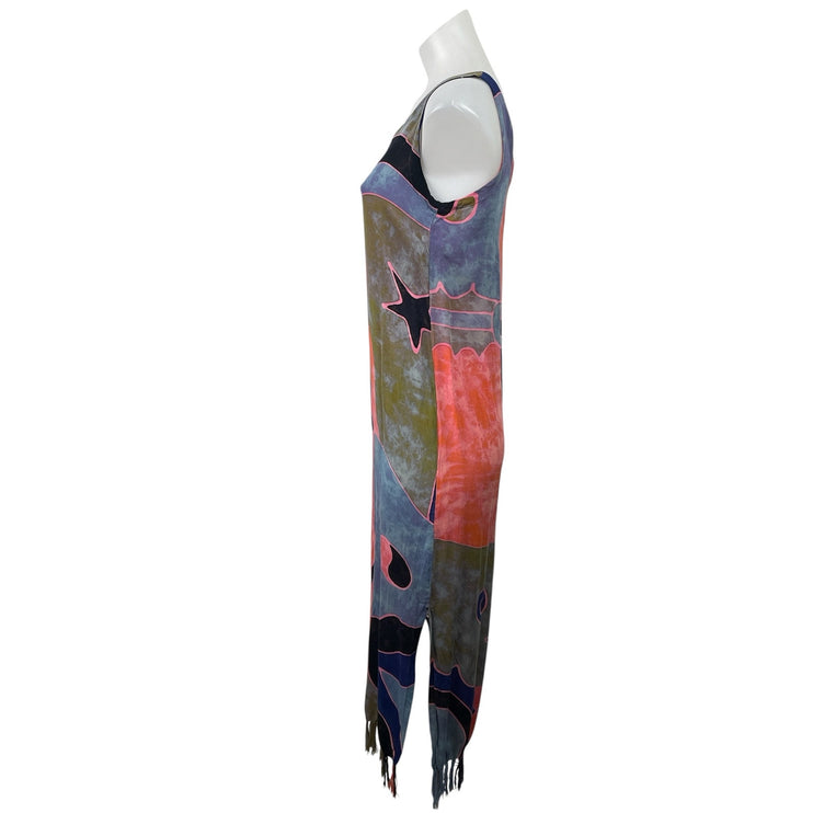 The Monkey's Design Multicolor Sleeveless Tie Dye Print Tassel Midi Tank Dress S