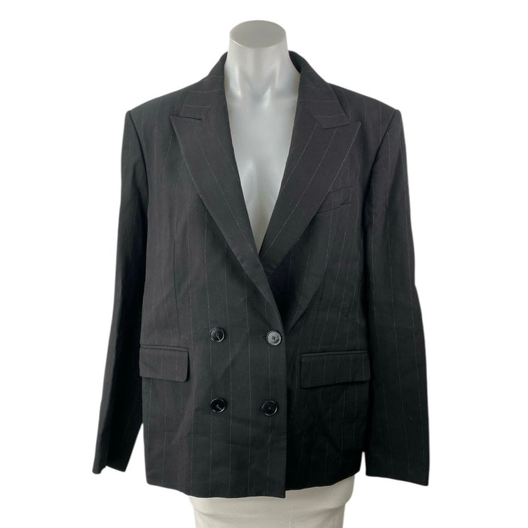 Massimo Dutti Black Pinstriped Double Breasted Long Sleeve Blazer Coat Jacket 10