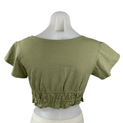 Princess Polly Green Short Sleeve Deep V Neck Tie Ruffle Blouse Crop Top Size 2