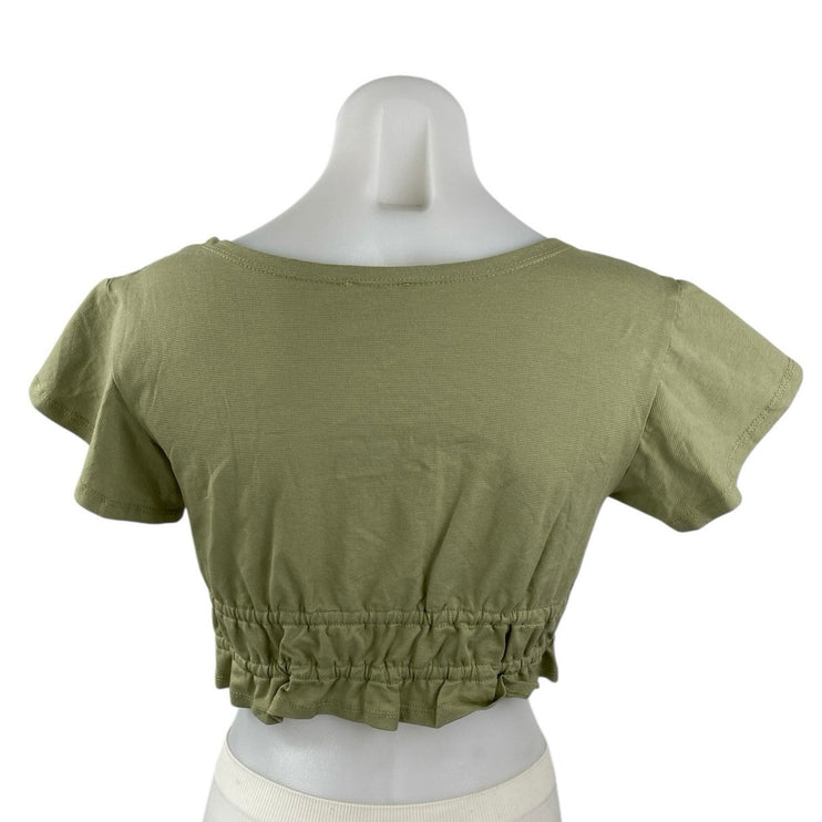 Princess Polly Green Short Sleeve Deep V Neck Tie Ruffle Blouse Crop Top Size 2