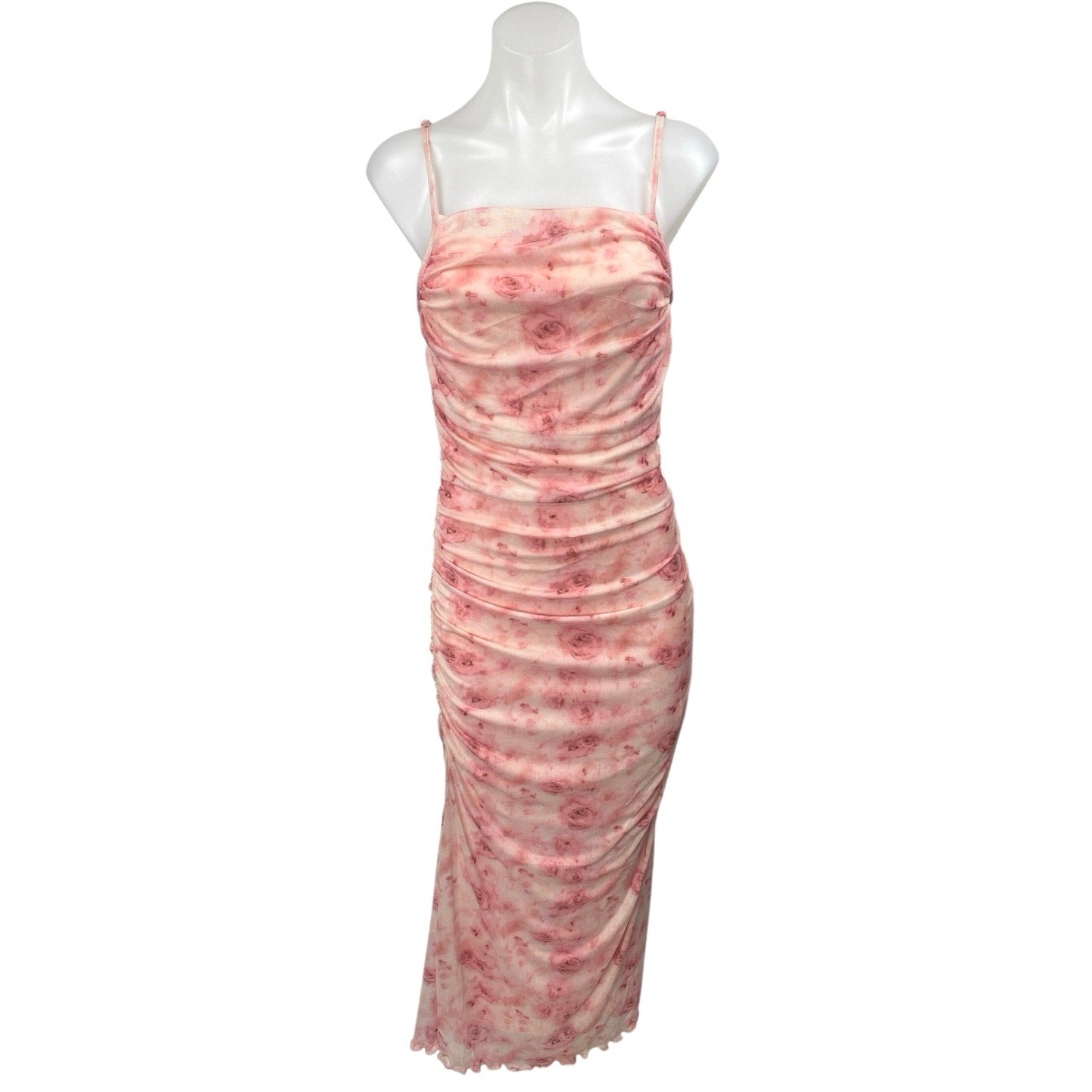 New Shein Pink Floral Ruched Sleeveless Cami Camisole Tank Midi Bodycon Dress M