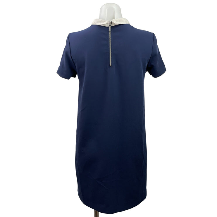 Zara Women's Navy Blue Short Sleeve Collared Polo Zip Shift Mini Dress Size XS