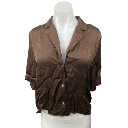 Aritzia Wilfred Beso Brown Silk Satin Button Up Short Sleeve Shirt Blouse Top M