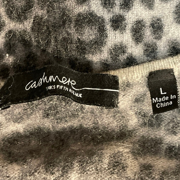 Saks Fifth Avenue Black Gray 100% Cashmere Leopard Long Sleeve Sweater Size L