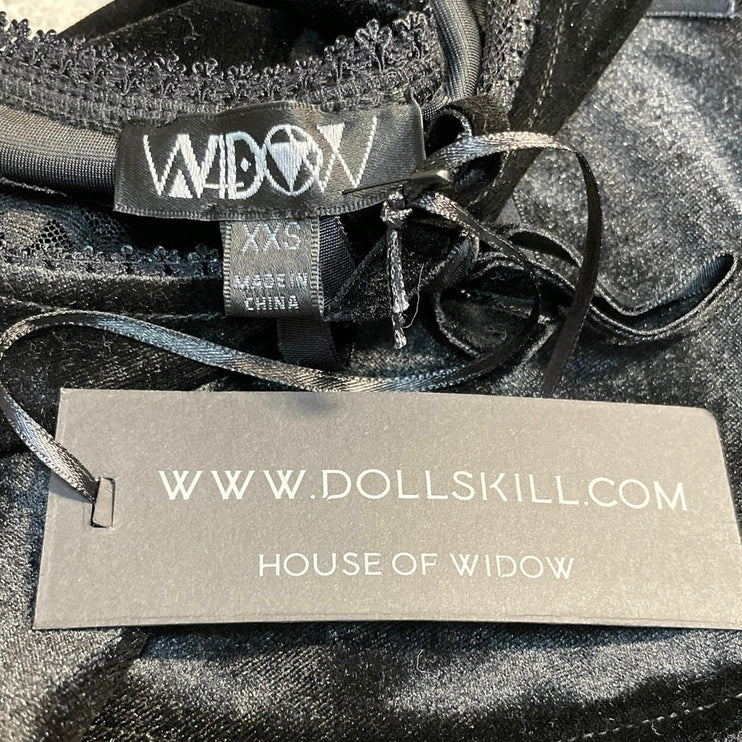 Dolls Kill Widow Black Velvet Velour Lace Sheer 3/4 Sleeve Crop Blouse Top XXS