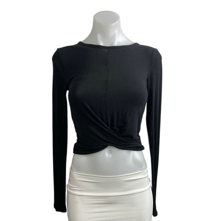 Alo Women's Black Crew Neck Long Sleeve Yoga Athletic Activewear Wrap Crop Top S