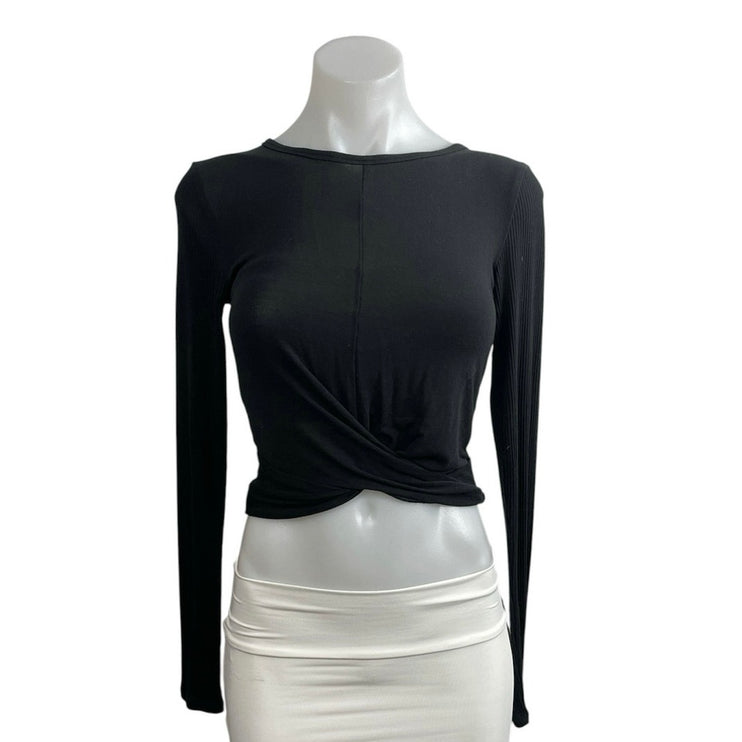 Alo Women's Black Crew Neck Long Sleeve Yoga Athletic Activewear Wrap Crop Top S