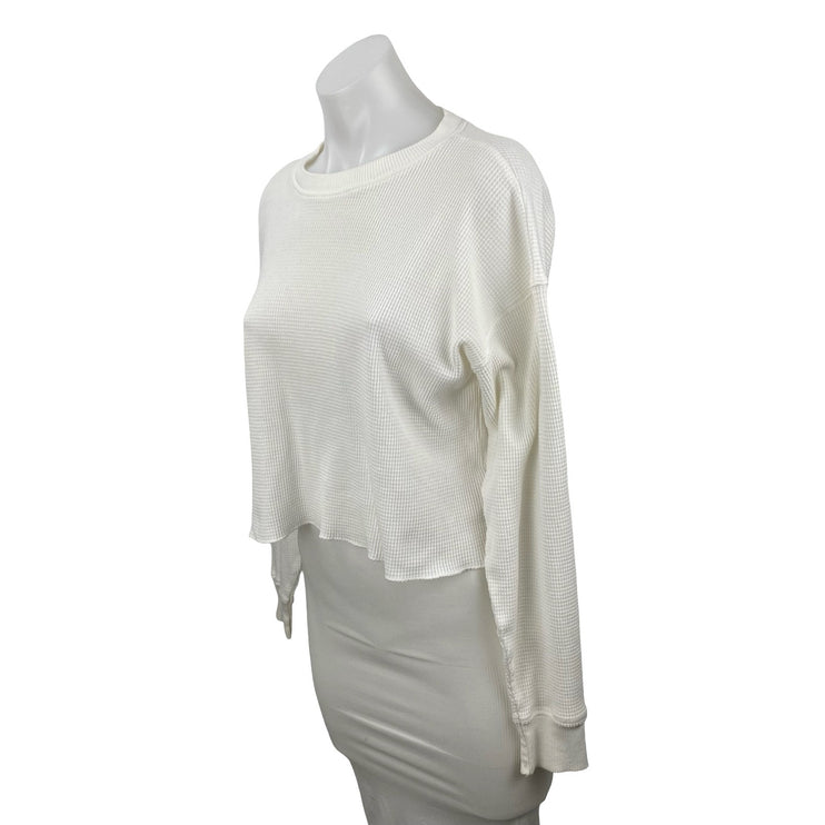 Aritzia TNA Womens White Waffle Knit Long Sleeve Thermal Sweater Crop Top Size S