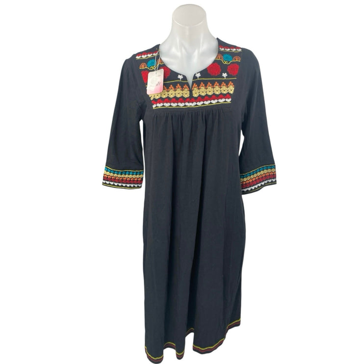 NEW Zecotex Black Floral Embroidered Split Neck Half Sleeve Midi A-Line Dress M