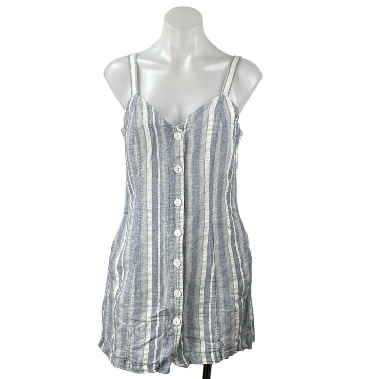 Aqua Blue Linen Striped Sleeveless Cami Camisole Button Down Tank Shift Dress M