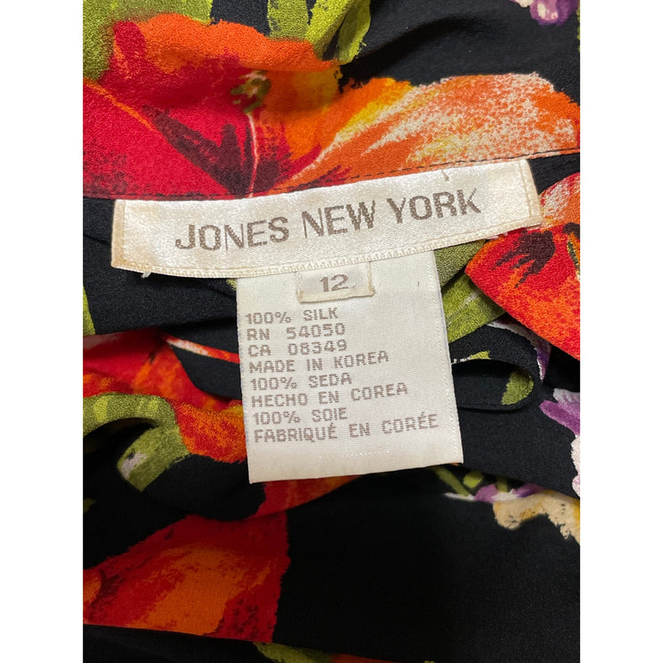 Jones New York Black 100% Silk Floral V Neck Button Up Maxi Shirt Dress Size 12