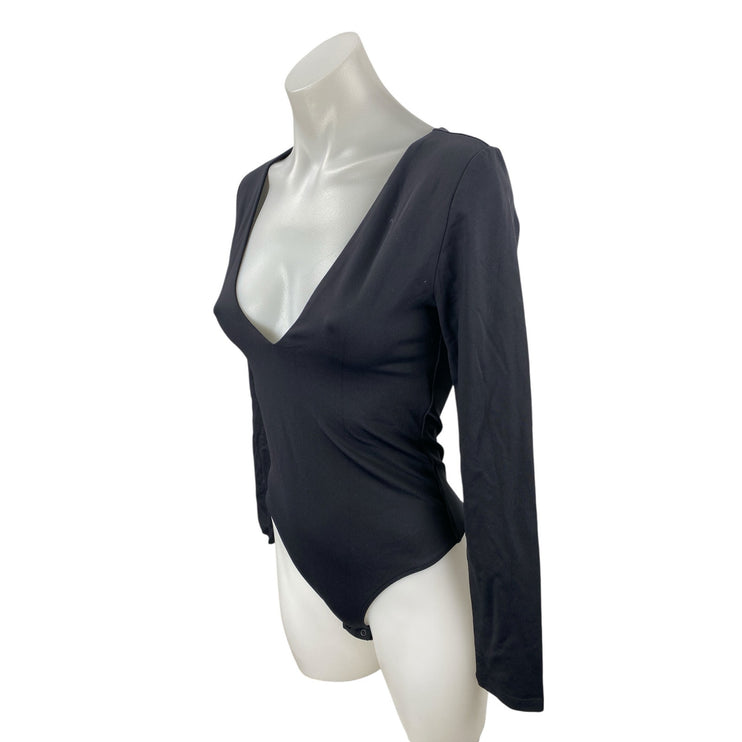 Aritzia Babaton Black Long Sleeve Plunge V Neck Thong Blouse Bodysuit Top Size M
