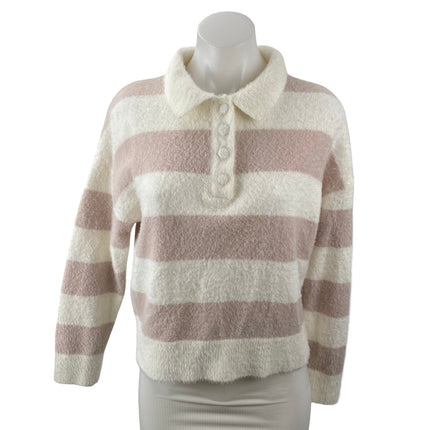 Nikka K Women's Stripe Collared Long Sleeve Button Polo Sweatshirt Sweater Top M