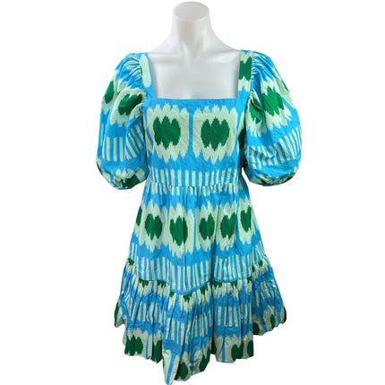 Oliphant Blue Green Puff Sleeve Square Neck Ikat Ruffle Tiered Mini Dr Brie Oliphant Blue Green Puff Sleeve Square Neck Ikat Ruffle Tiered Mini Dr Brie