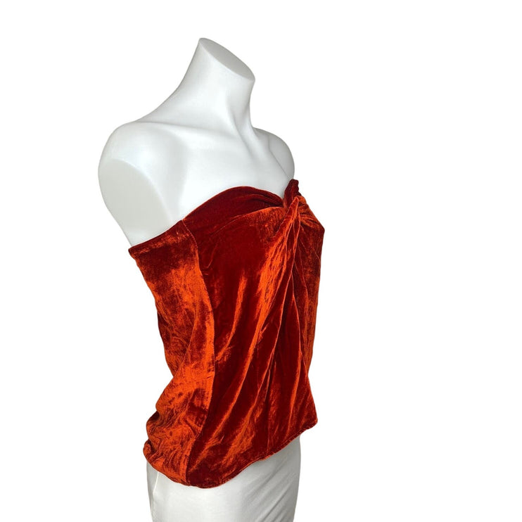 Reformation Women's Burnt Orange Velvet Twist Front Strapless Blouse Top Size 2