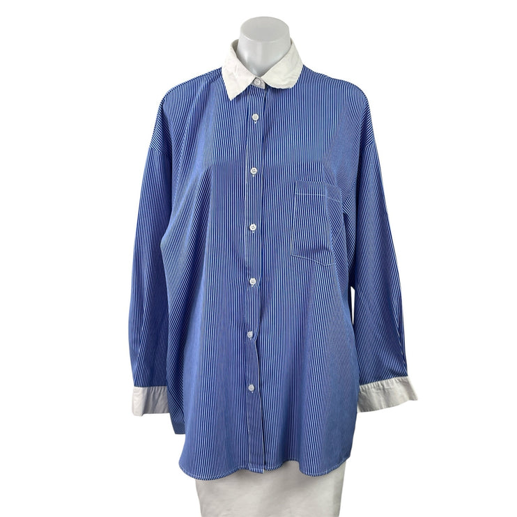 Commense Women's Blue Striped Long Sleeve Pocket Button Down Shirt Top Size M