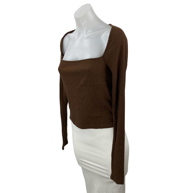 Urban Outfitters Brown Long Sleeve Square Neck Ribbed Knit Sweater Top Size L