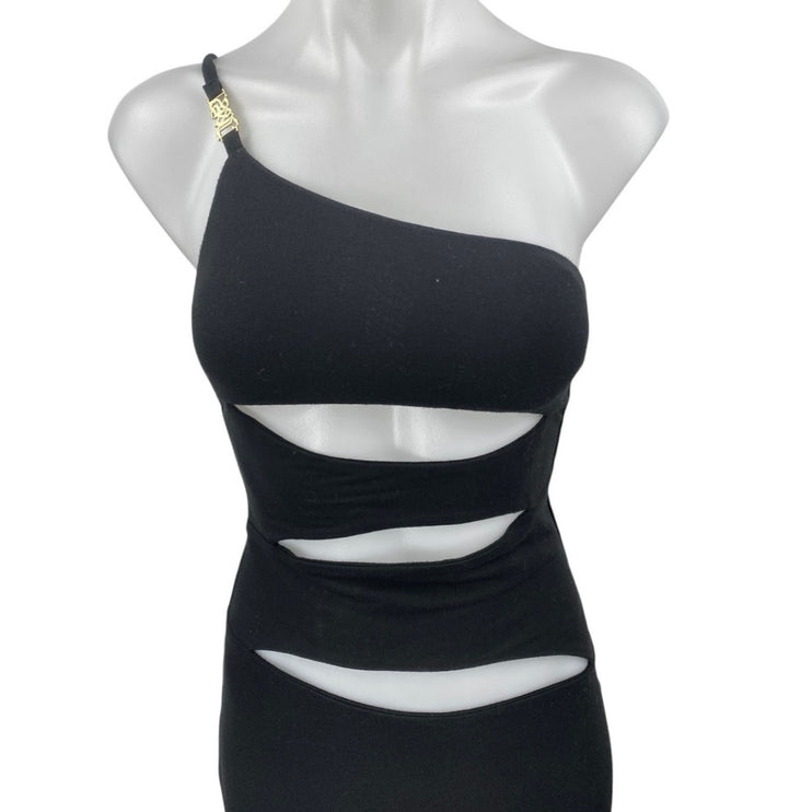 JGR & STN Black Sleeveless One Shoulder Cut Out Slit Maxi Bodycon Dress Size 2