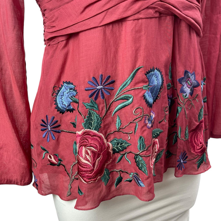 Tibi Women's Pink Silk Floral Embroidered Long Sleeve Peplum Blouse Top Size L